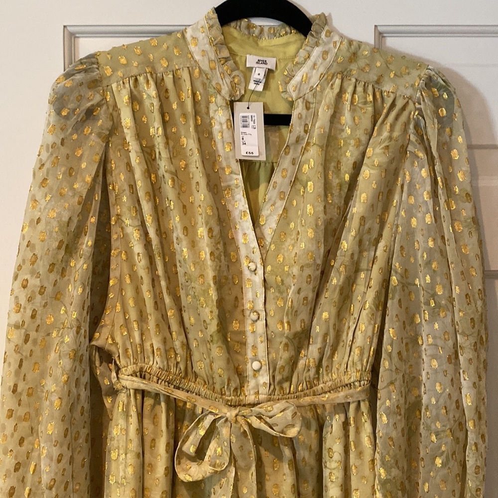 River Island muted green/yellowish dress, fully lined, sheer on the sleeves